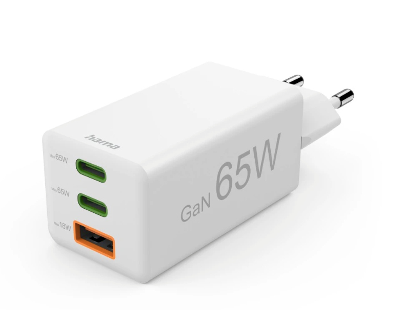 Schnellladegerät, 2x USB-C, 1x USB-A, Mini-Ladegerät, PD, 65 W, Weiß (201996)