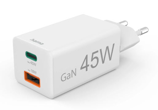 Schnellladegerät, 1x USB-C, 1x USB-A, Mini-Ladegerät, PD, 45 W, Weiß (201993)