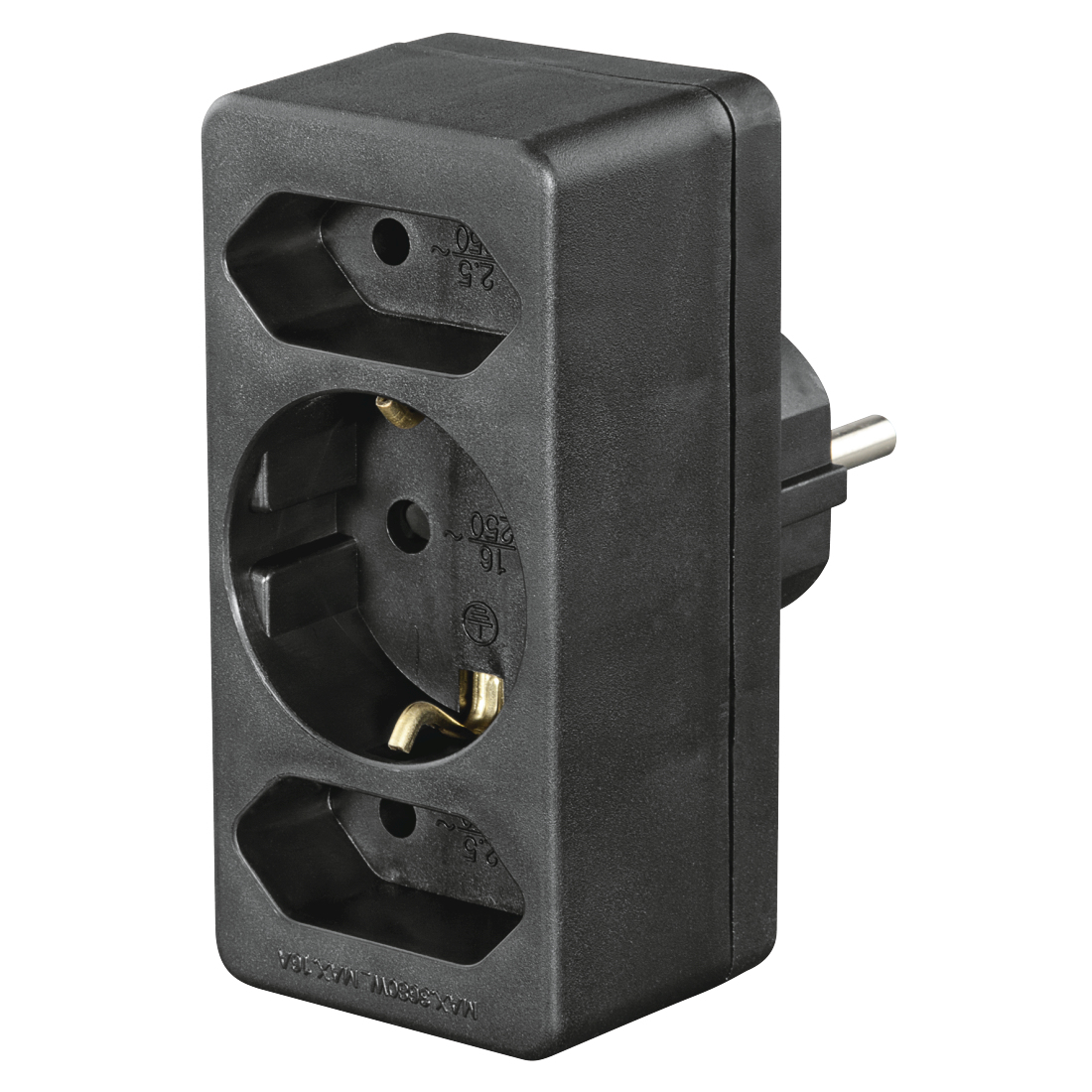 Steckdosenadapter 3-fach, 1x Schutzkontakt, 2x Euro, Schwarz (223216)