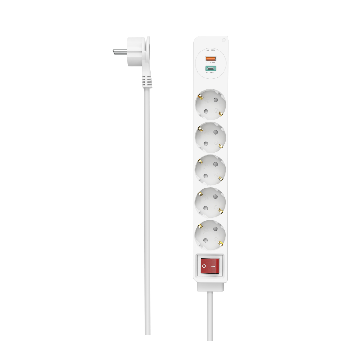 Steckdosenleiste, 5-fach, USB-C/A 18W, PD/FC, Schalter, Flachst., 1,4 m, W (223186)